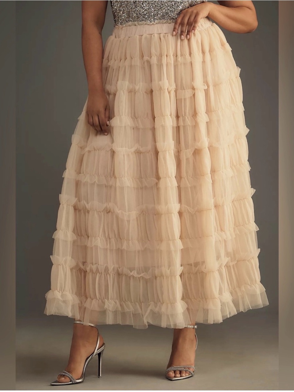 By Anthropologie Shirred Tulle Maxi Skirt Size Large - Picture 2 of 8